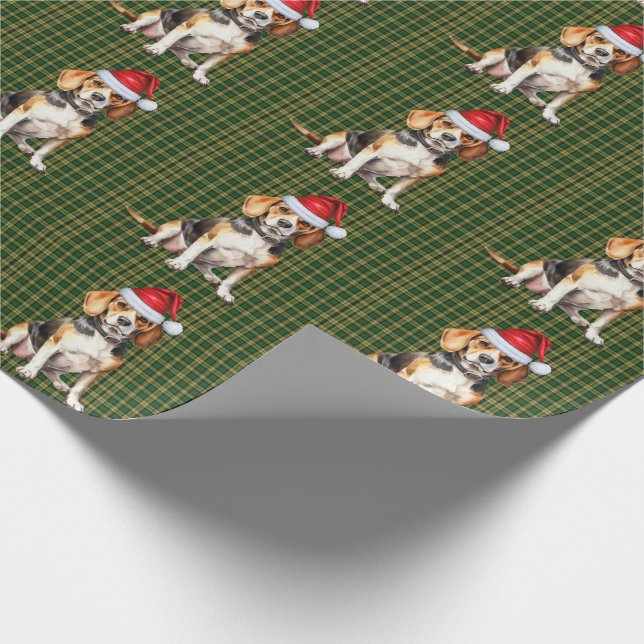 Beagle Dog and Green Plaid Christmas Wrapping Paper (Corner)