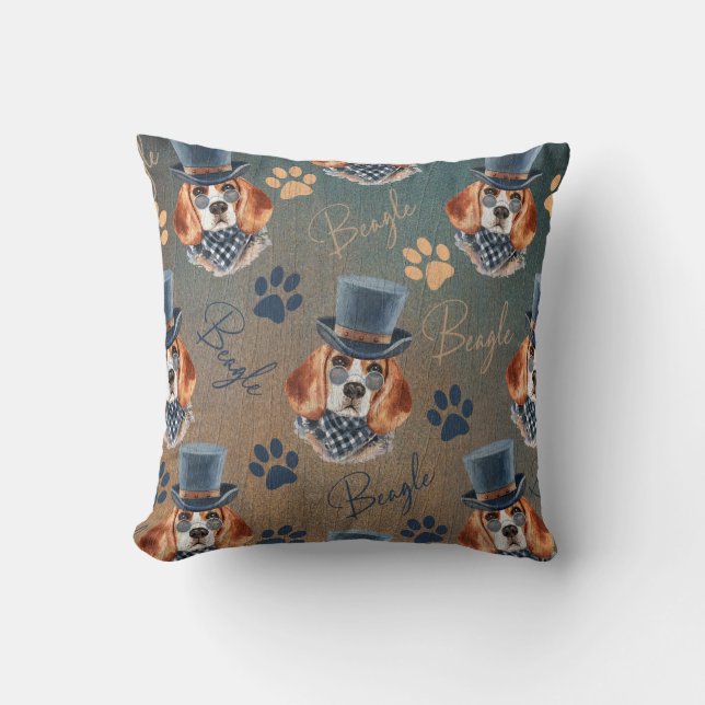 Beagle Dog and Paw Prints Steampunk Style, Throw Pillow (Front)