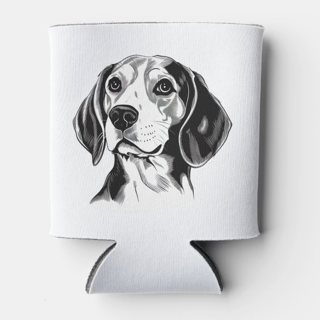 Beagle Dog Black and White Outline Silhouette Can Cooler (Front)