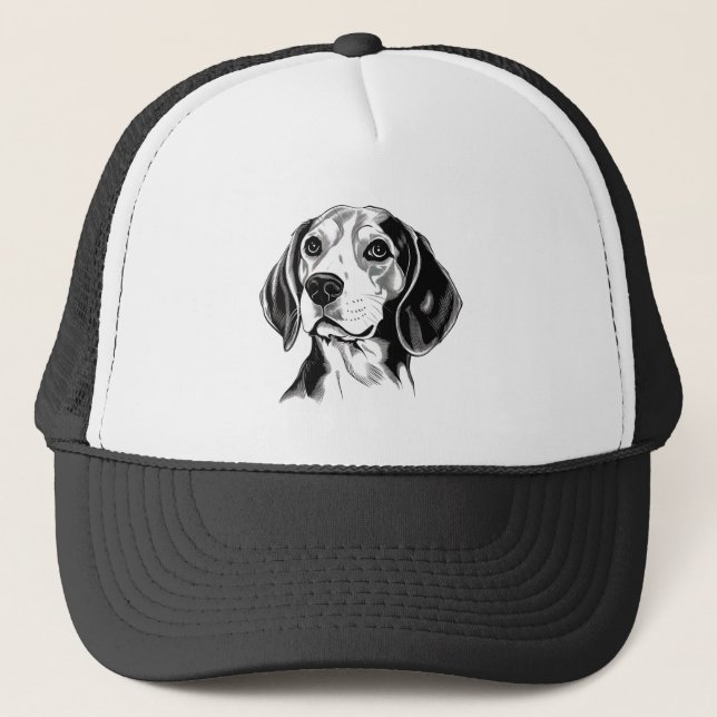 Beagle Dog Black and White Outline Silhouette Trucker Hat (Front)
