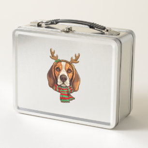Beagle Dog Christmas Reindeer Santa Hat Funny Xmas Metal Lunch Box