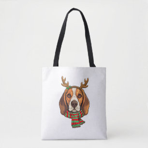 Beagle Dog Christmas Reindeer Santa Hat Funny Xmas Tote Bag