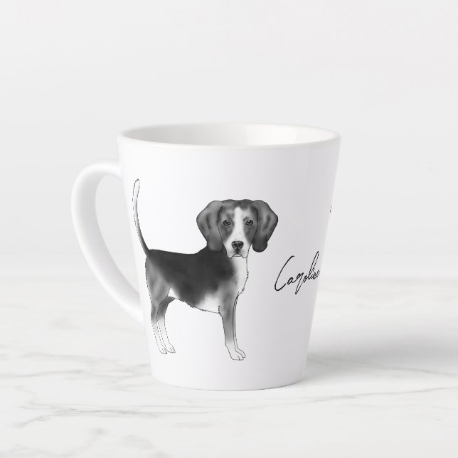 Beagle Dog Design In Black And White With Name Latte Mug (Left Angle)
