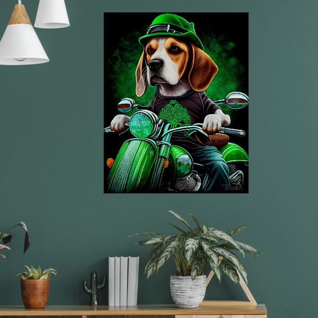 Beagle Dog driving bike St. Patrick's Day Poster (Living Room 1)
