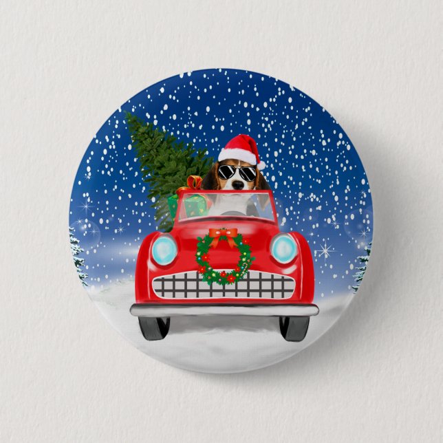 Beagle Dog Driving Car In Snow Christmas  2 Inch Round Button (Front)