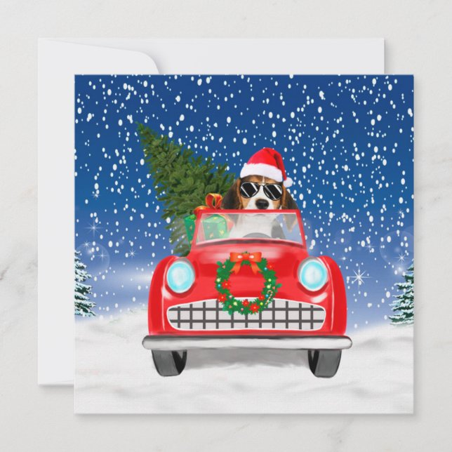 Beagle Dog Driving Car In Snow Christmas Card (Front)