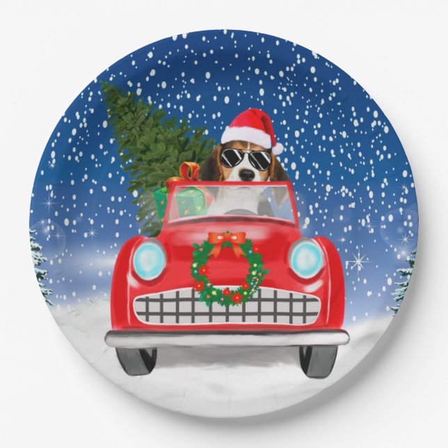 Beagle Dog Driving Car In Snow Christmas Paper Plate (Front)
