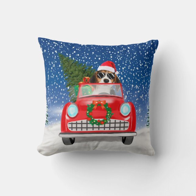 Beagle Dog Driving Car In Snow Christmas Throw Pillow (Front)