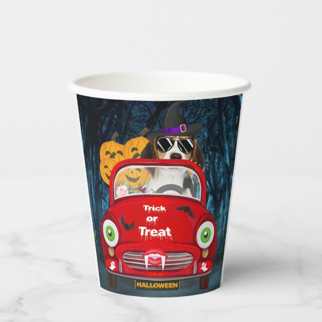 Beagle Dog Driving Car Scary Halloween Paper Cups (Front)