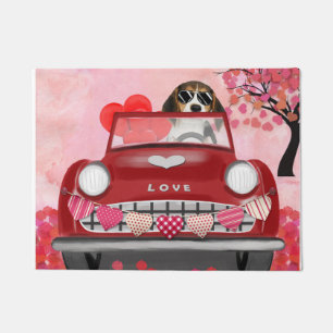 Beagle Dog Driving Car with Hearts Valentine's  Doormat