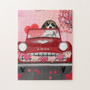 Beagle Dog Driving Car with Hearts Valentine's  Jigsaw Puzzle