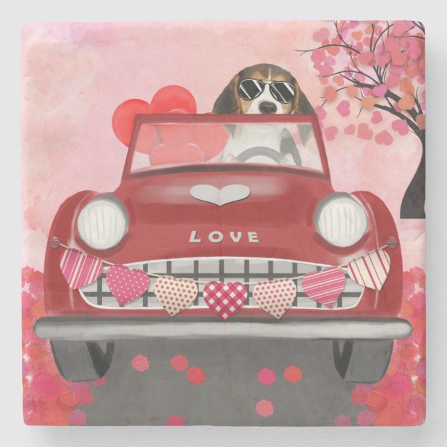 Beagle Dog Driving Car with Hearts Valentine's Thr Stone Coaster (Front)