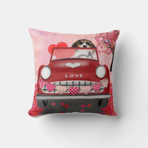 Beagle Dog Driving Car with Hearts Valentine's Throw Pillow
