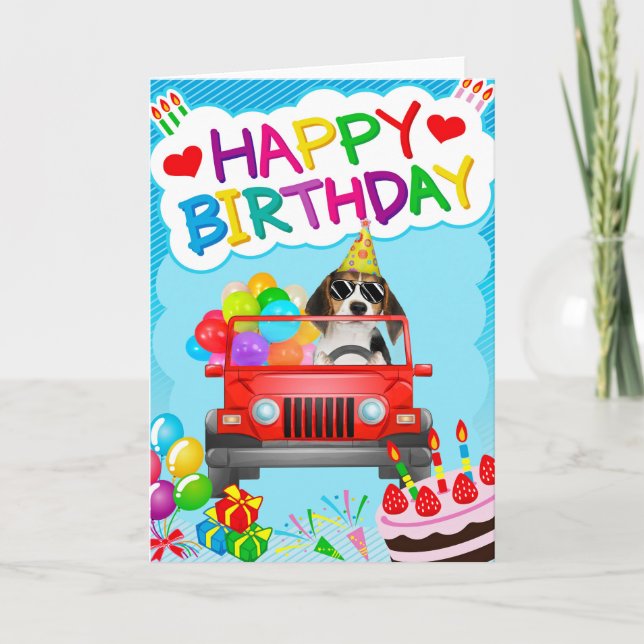 Beagle Dog Driving with Balloons Card (Front)
