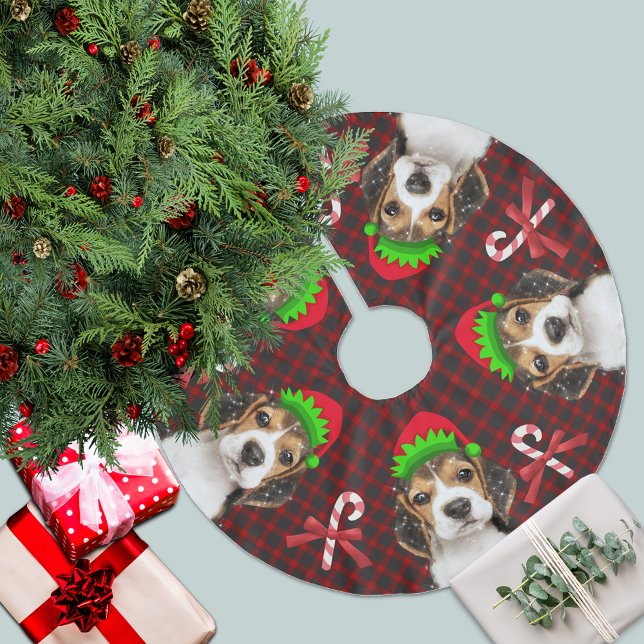 Beagle Dog Elves Candy Canes Buffalo Plaid Brushed Polyester Tree Skirt (Creator Uploaded)
