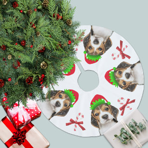 Beagle Dog Elves Candy Canes White Brushed Polyester Tree Skirt