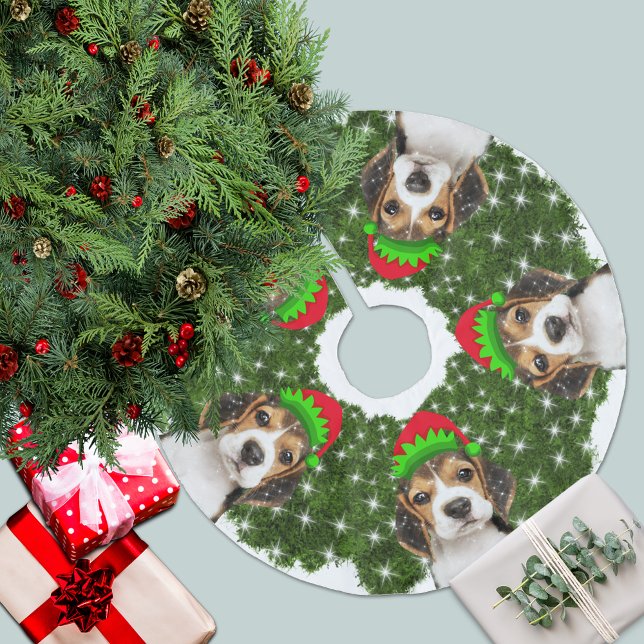 Beagle Dog Elves Christmas Wreath Brushed Polyester Tree Skirt (Creator Uploaded)