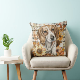 Beagle Dog Fall Watercolor Flowers Throw Pillow