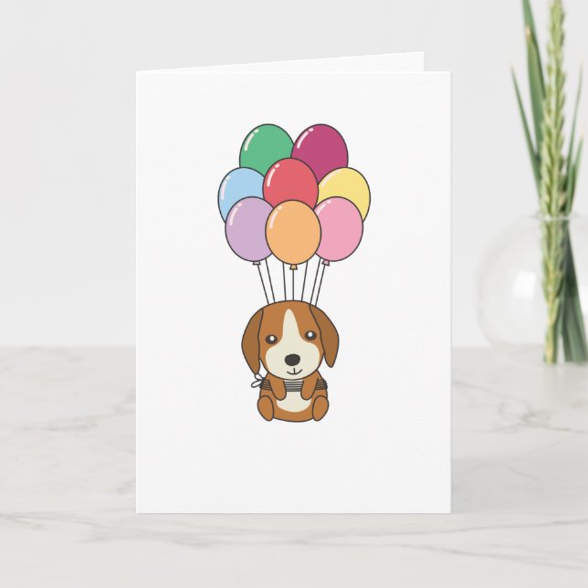 Beagle Dog Flies With Colourful Balloons Card (Front)