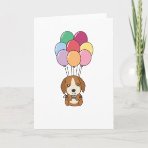 Beagle Dog Flies With Colourful Balloons Card
