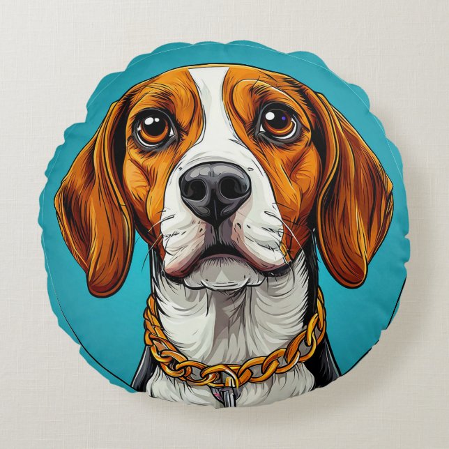 Beagle Dog in a Gold Chain Round Pillow (Front)