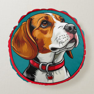 Beagle Dog in a Red Collar Round Pillow