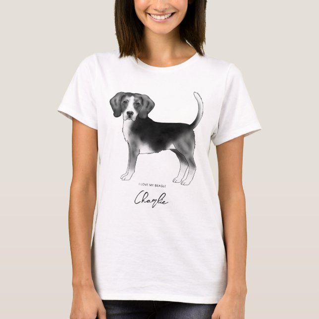 Beagle Dog In Black And White And Custom Text T-Shirt (Front)