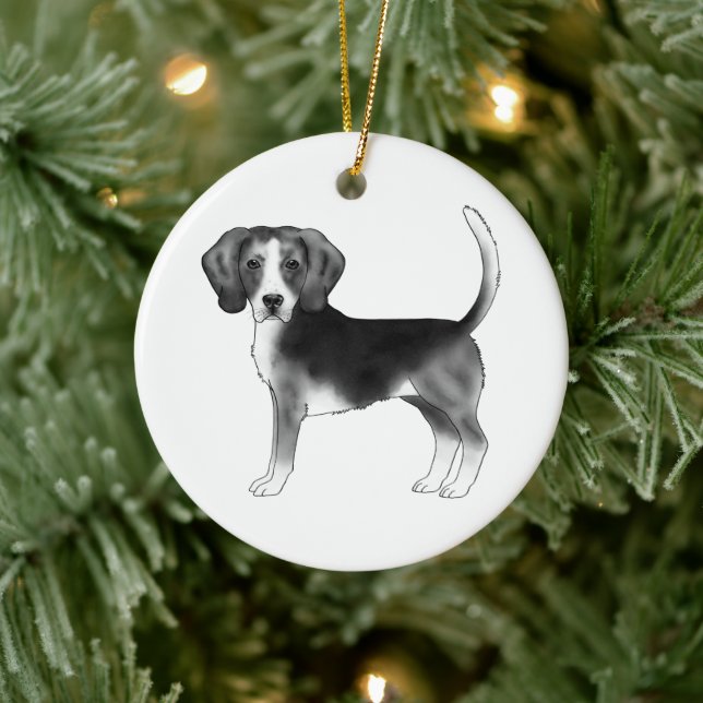 Beagle Dog In Black And White With Custom Text Ceramic Ornament (Tree)