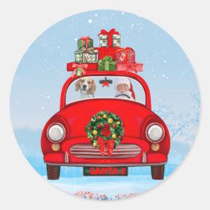 Beagle Dog In Car With Santa Claus  Classic Round Sticker
