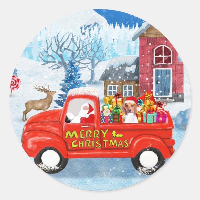 Beagle Dog in Christmas Delivery Truck Snow  Classic Round Sticker (Front)