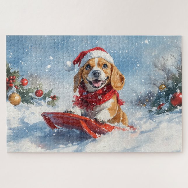 Beagle Dog in Sledge Let it Snow Christmas Jigsaw Puzzle (Horizontal)