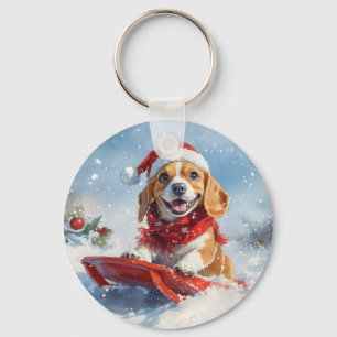Beagle Dog in Sledge Let it Snow Christmas Keychain