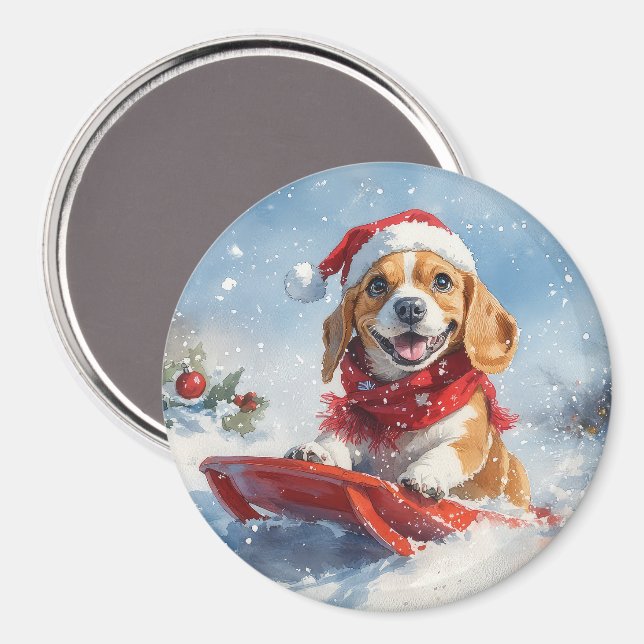 Beagle Dog in Sledge Let it Snow Christmas Magnet (Front/Back)