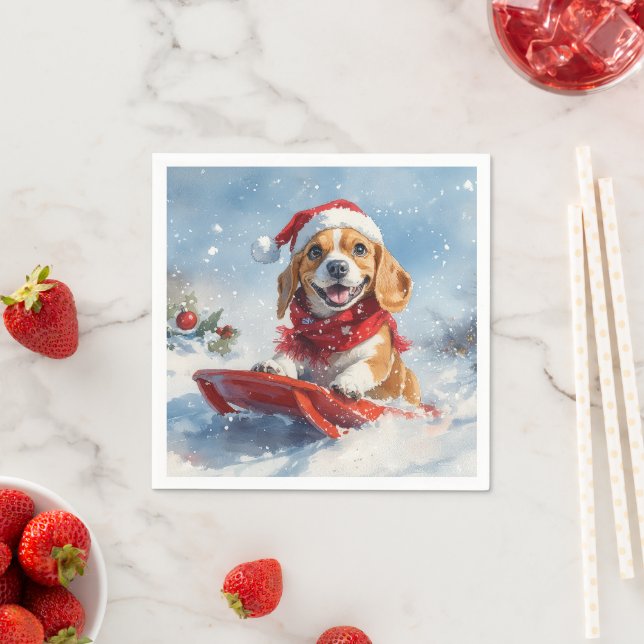 Beagle Dog in Sledge Let it Snow Christmas Napkin (Insitu)