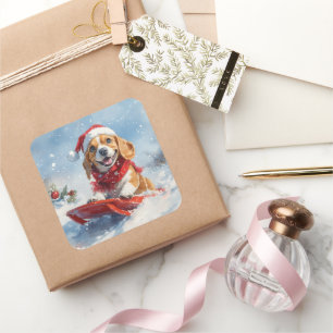 Beagle Dog in Sledge Let it Snow Christmas Square Sticker
