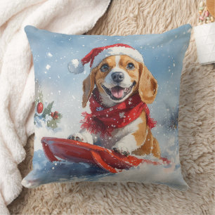 Beagle Dog in Sledge Let it Snow Christmas Throw Pillow