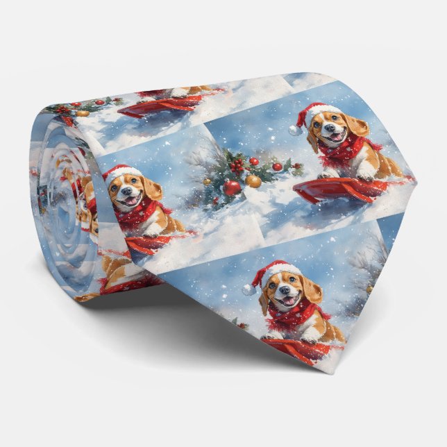 Beagle Dog in Sledge Let it Snow Christmas Tie (Rolled)