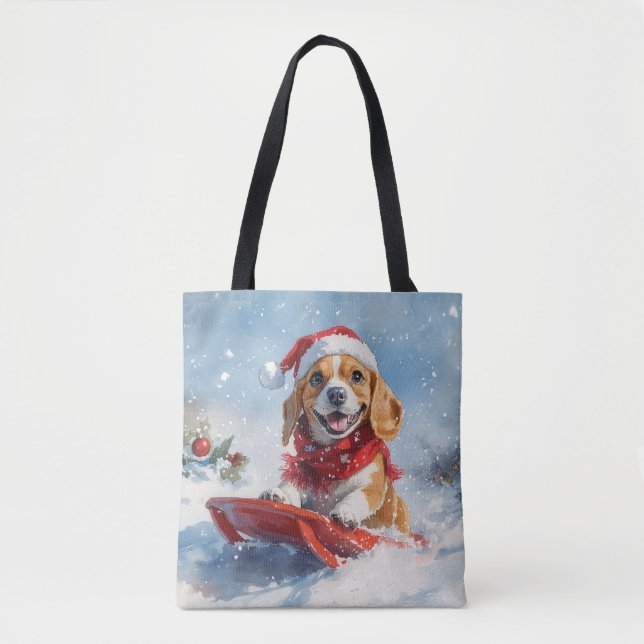 Beagle Dog in Sledge Let it Snow Christmas Tote Bag (Front)