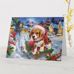 Beagle Dog in Sleigh Snow Christmas Card