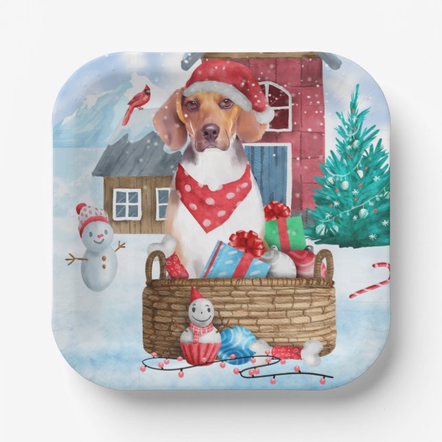 Beagle Dog In snow Christmas Dog House Paper Plate (Front)