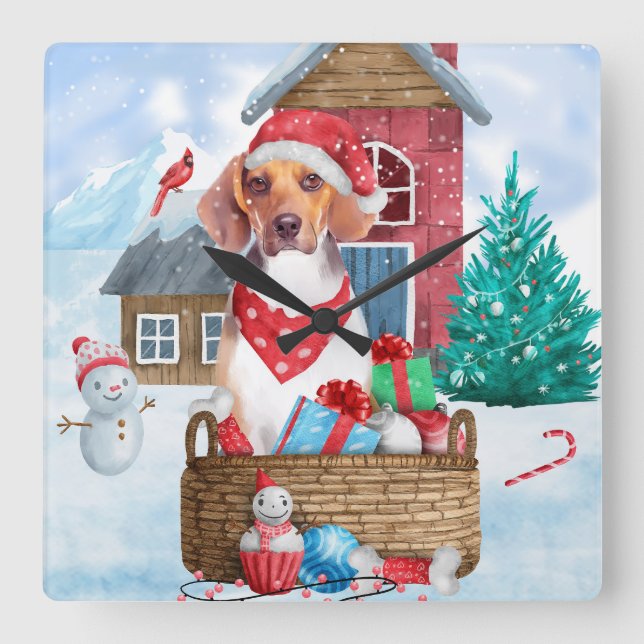 Beagle Dog In snow Christmas Dog House Square Wall Clock (Front)