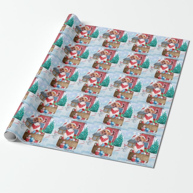 Beagle Dog In snow Christmas Dog House Wrapping Paper (Unrolled)