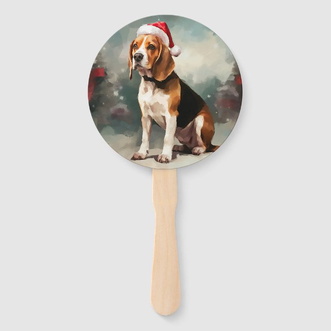 Beagle Dog in Snow Christmas  Hand Fan (Front)