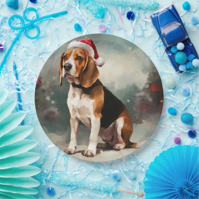 Beagle Dog in Snow Christmas  Paper Plate (Party)