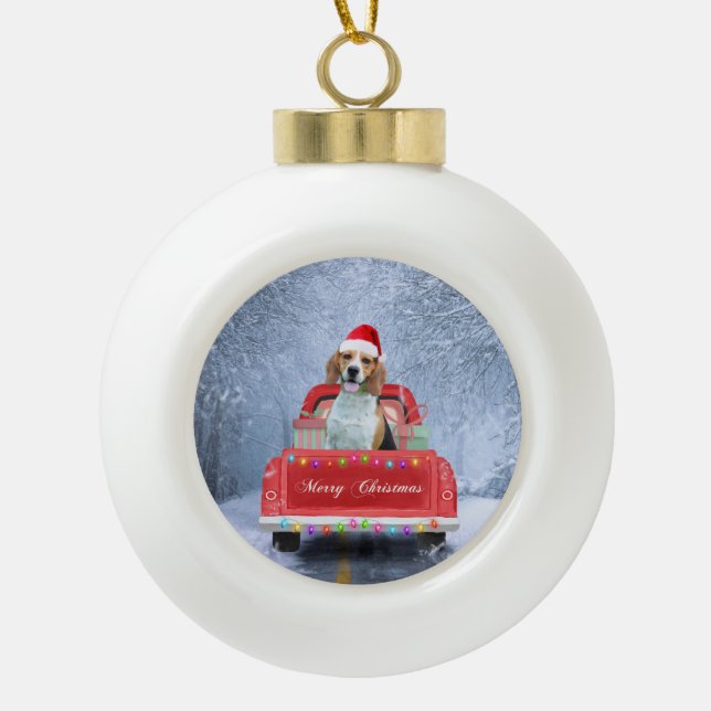 Beagle Dog in Snow sitting in Christmas Truck Ceramic Ball Christmas Ornament (Front)