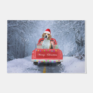 Beagle Dog in Snow sitting in Christmas Truck Doormat