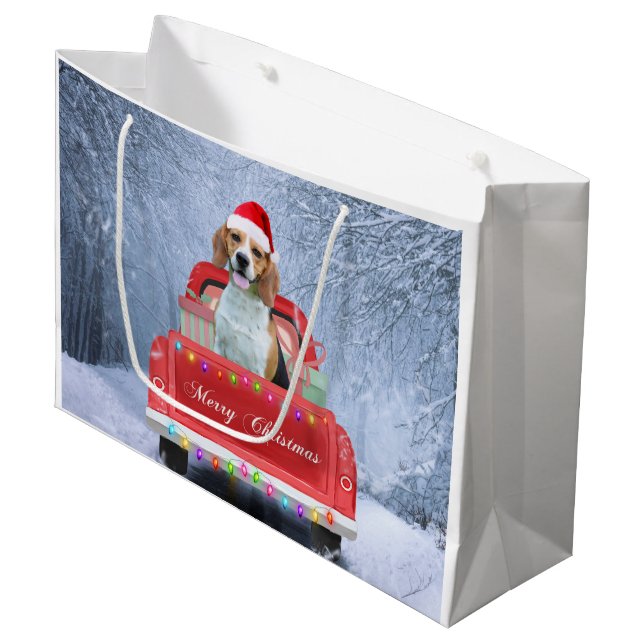 Beagle Dog in Snow sitting in Christmas Truck  Large Gift Bag (Front Angled)