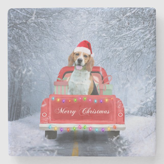 Beagle Dog in Snow sitting in Christmas Truck  Stone Coaster (Front)