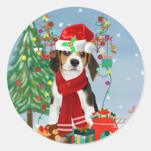 Beagle Dog in Snow with Christmas Gifts Classic Round Sticker