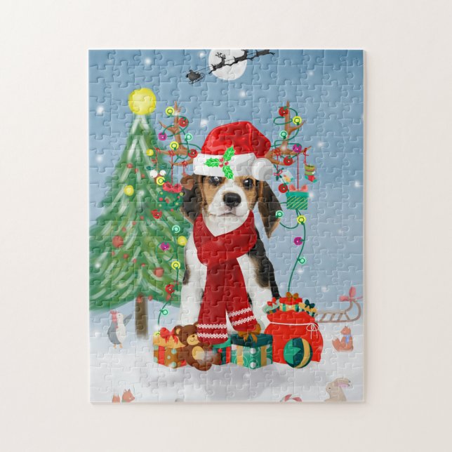Beagle Dog in Snow with Christmas Gifts Jigsaw Puzzle (Vertical)